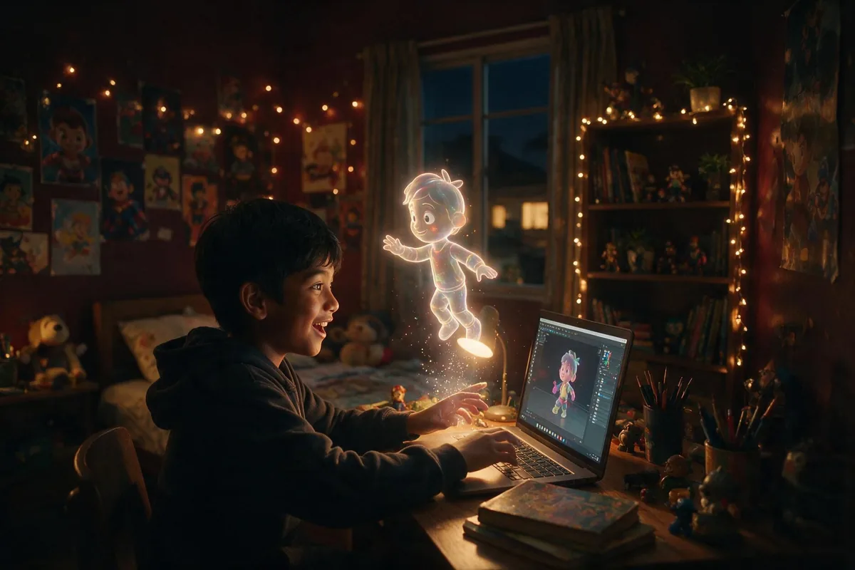 A young animated character working on a laptop