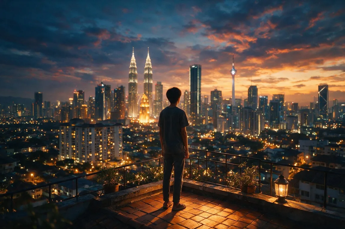 A young person looking out over a city skyline at dusk