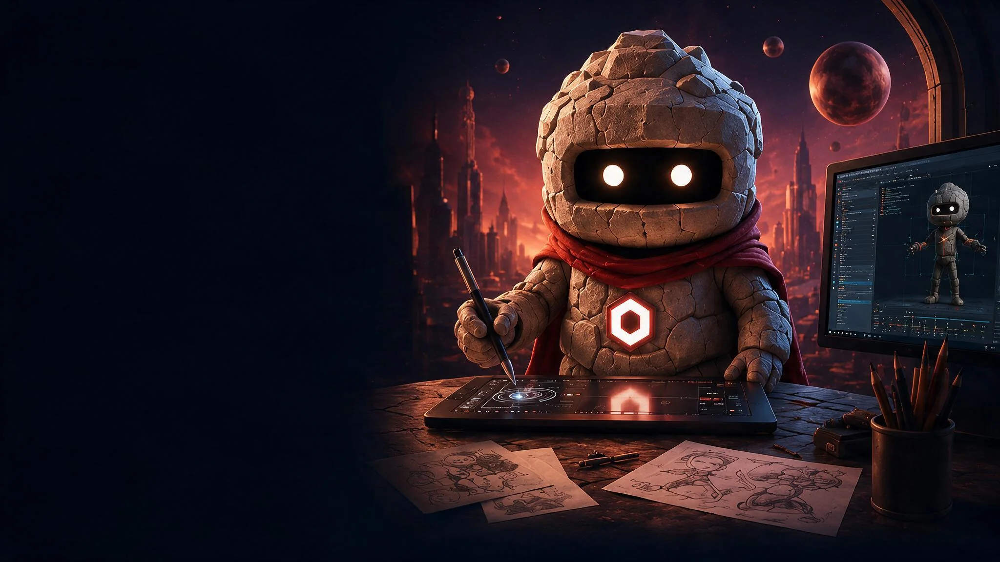 Osom rock mascot animating a 3D character at a workstation