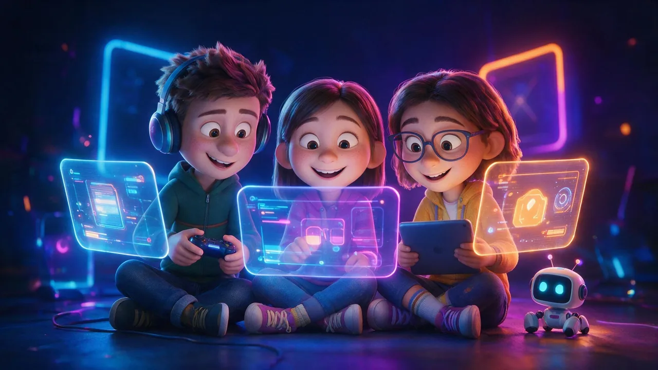Young creators surrounded by glowing screens, a controller and animation