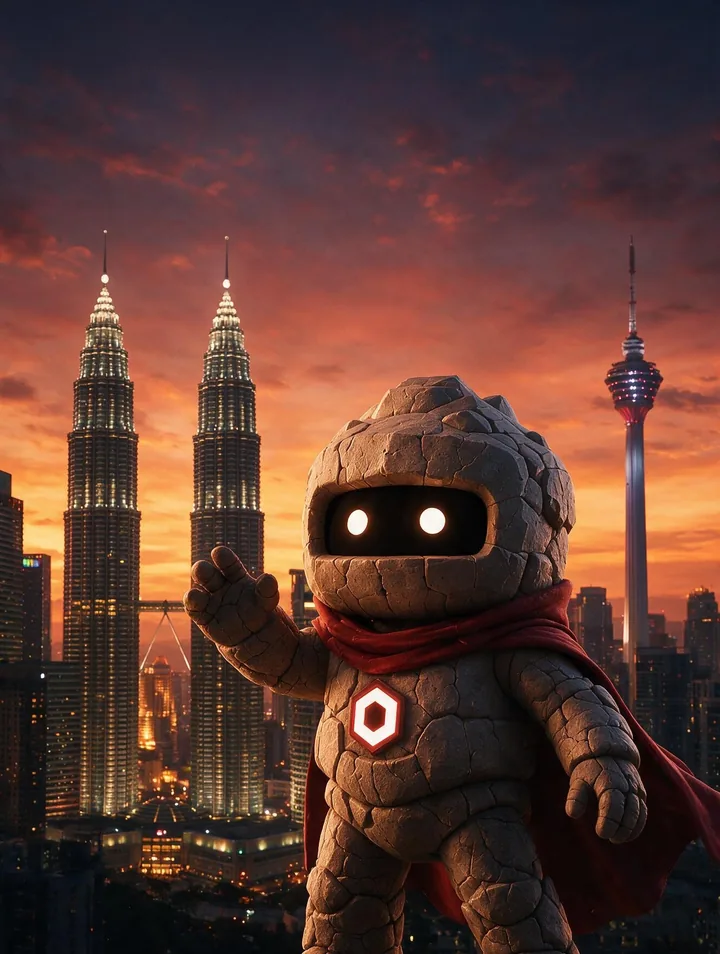 Osom mascot with a red cape in front of a Penang skyline