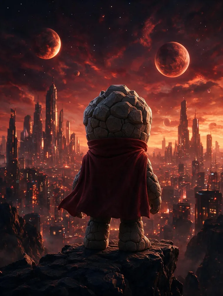 Osom mascot standing at the edge of a cliff facing a glowing city