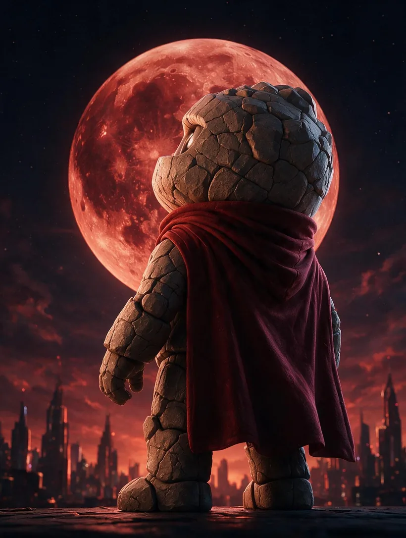 Osom mascot gazing at a red planet over a distant city