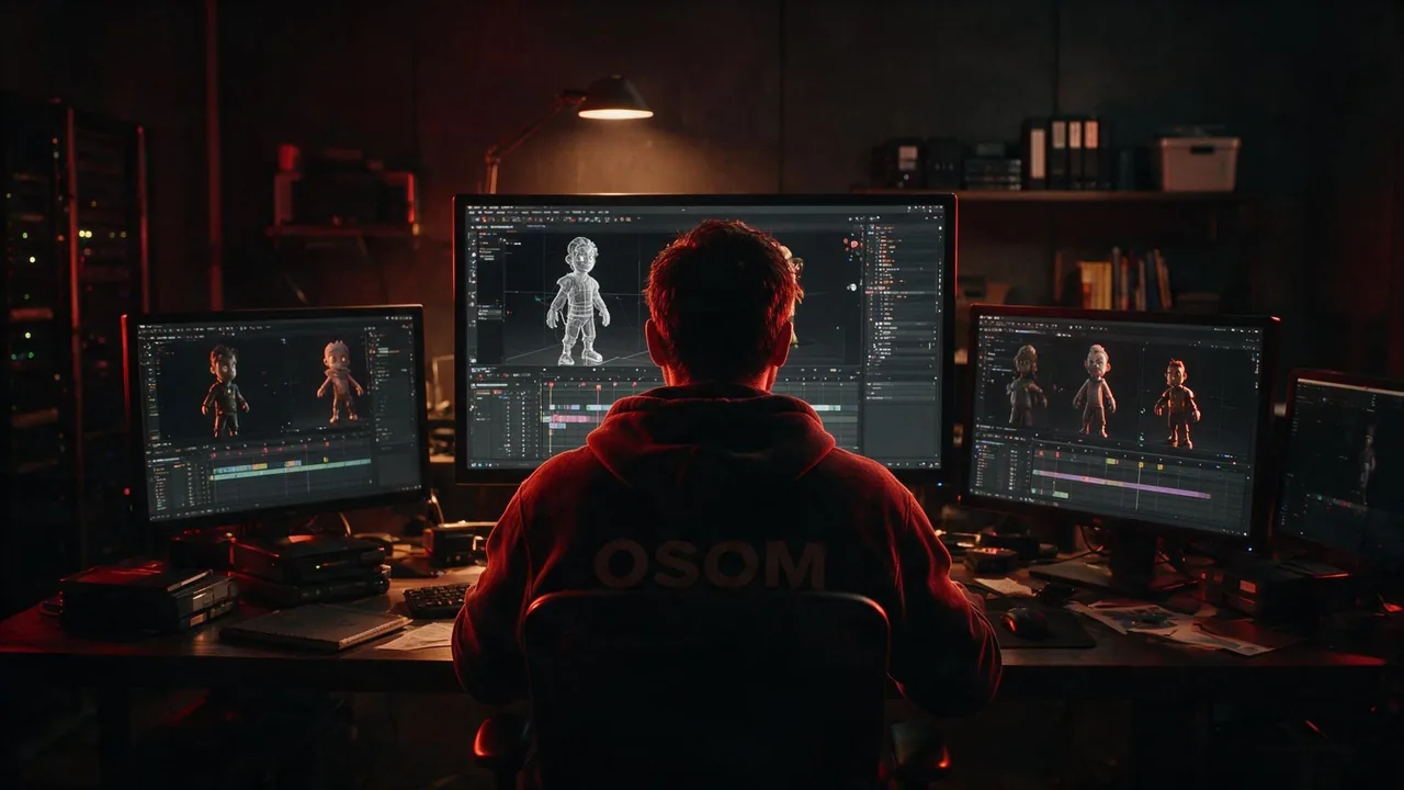 Arif Nizam working on 3D characters across multiple studio monitors